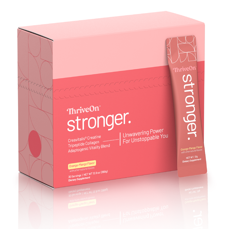Box of ThriveOn Stronger supplement with a pink design on a white background
