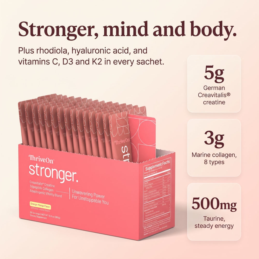Stronger, mind and body: the open box of sachets with 5g German Creavitalis creatine, 3g marine collagen and 500mg taurine, plus rhodiola, hyaluronic acid and vitamins C, D3 and K2. Built for what changes after 35.