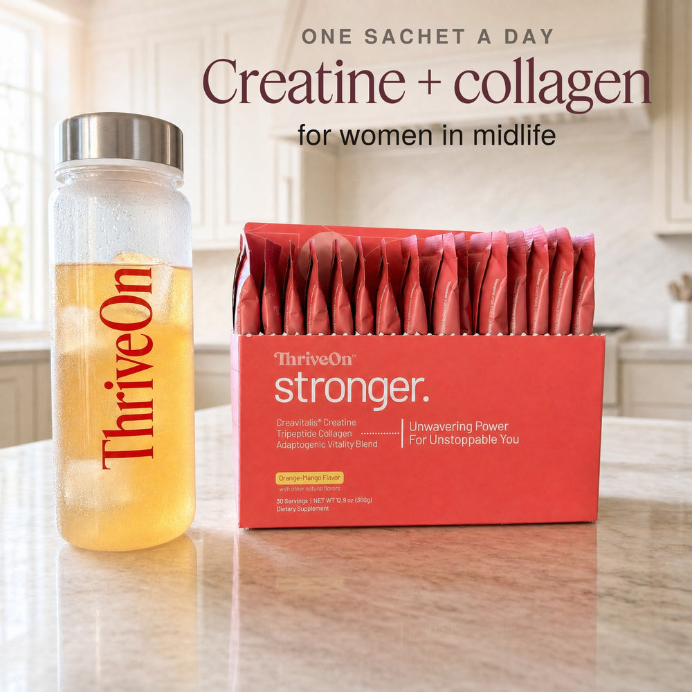 The open Stronger box of thirty sachets beside a ThriveOn bottle of the prepared drink over ice, on a kitchen counter