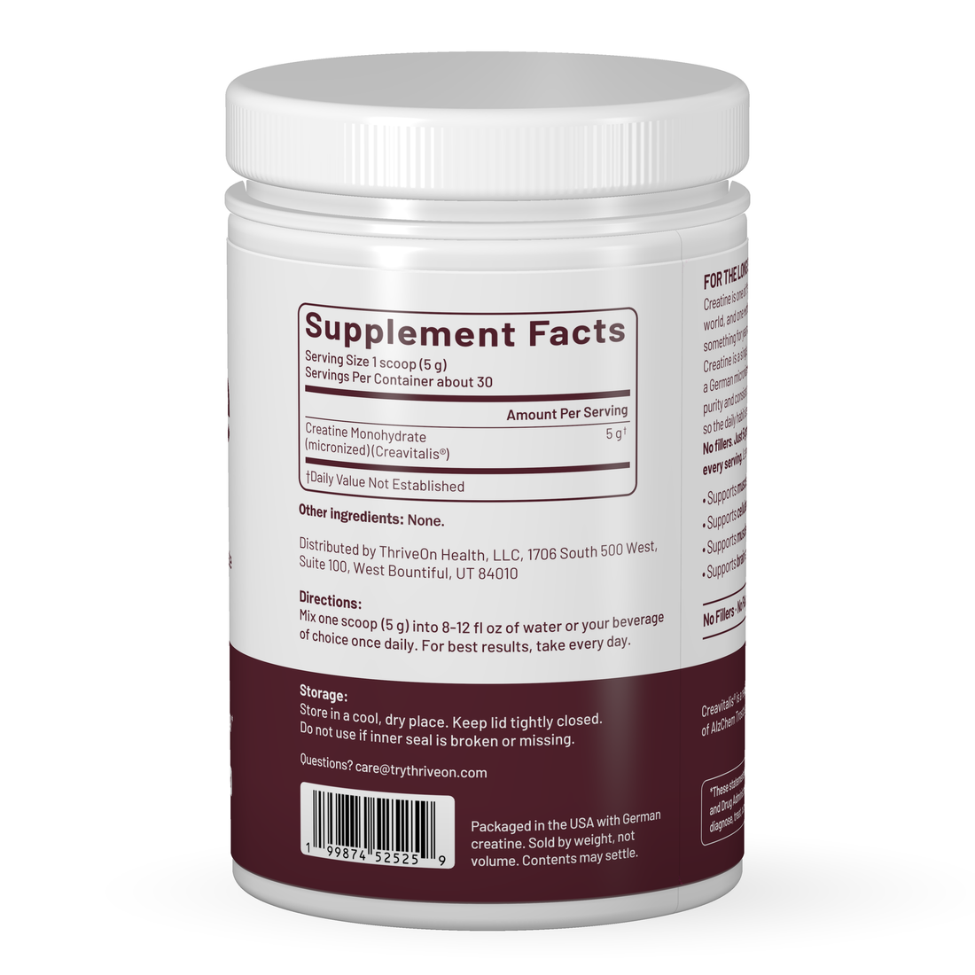 ThriveOn Creatine tub showing the Supplement Facts panel