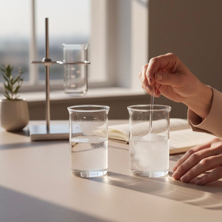 Two glasses of water showing creatine solubility test: one dissolved cleanly, one with visible residue