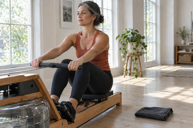 A woman in her late forties mid-stroke on a rowing machine in a sunlit home studio, the strength half of the best creatine and collagen for women