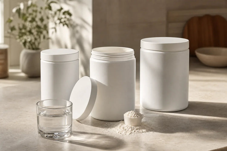 Three unlabeled creatine tubs beside a clear glass of water on a kitchen counter, illustrating a best creatine monohydrate comparison of Creavitalis, Creapure and generic creatine