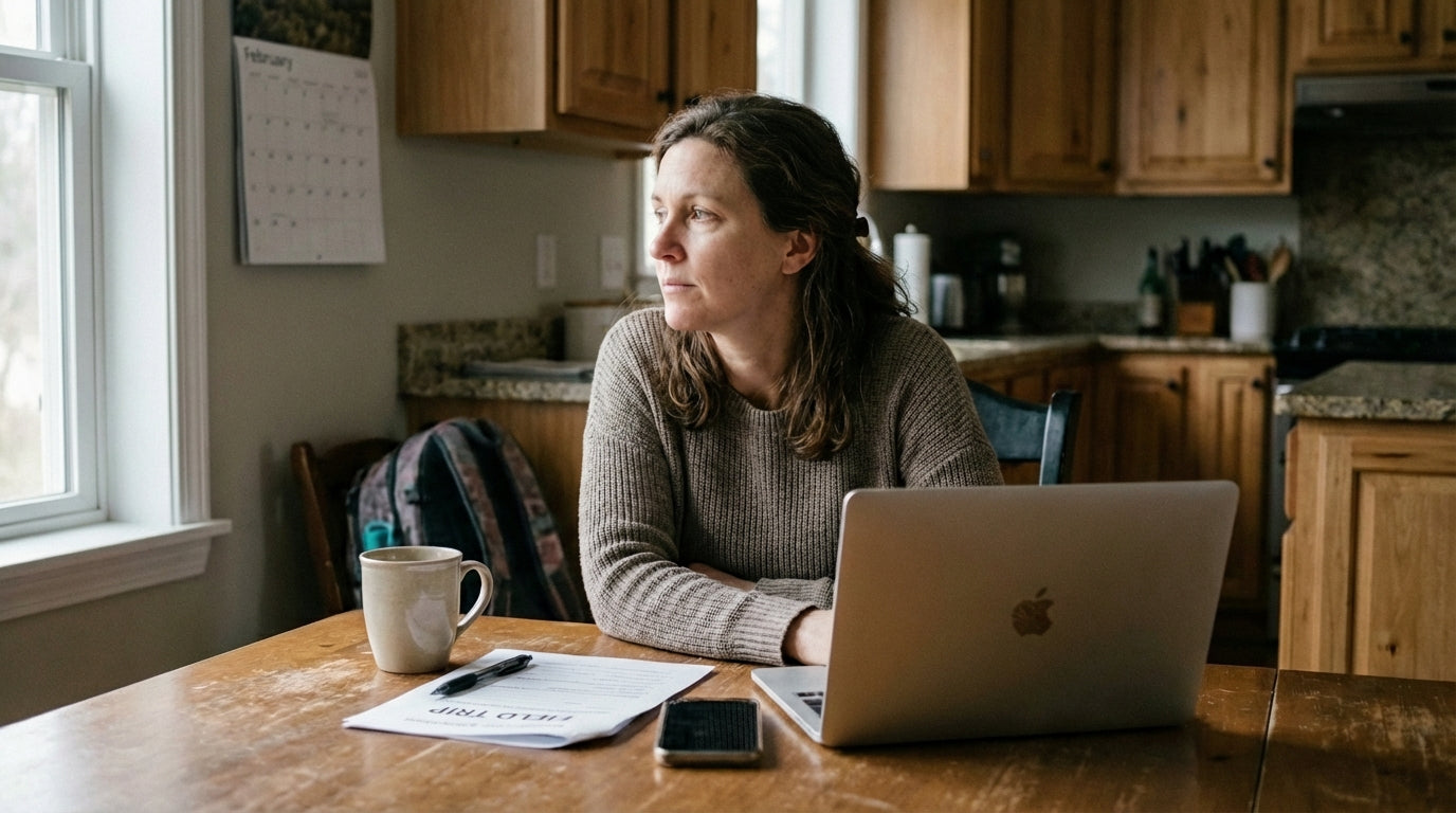 Woman sitting quietly at a kitchen table in the morning, a full life spread around her