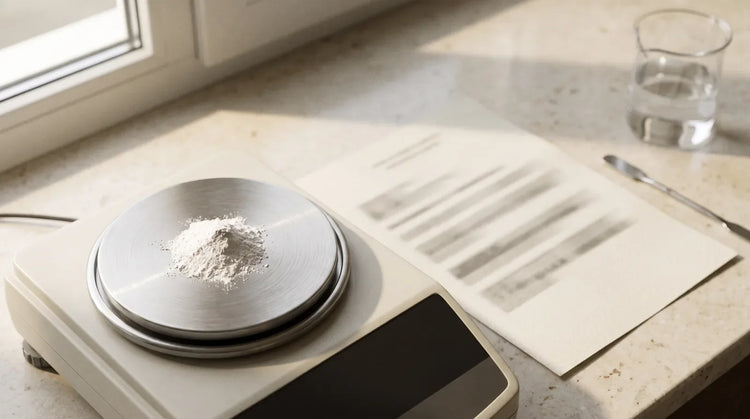 White creatine monohydrate powder weighed on a laboratory balance beside a printed certificate of analysis.