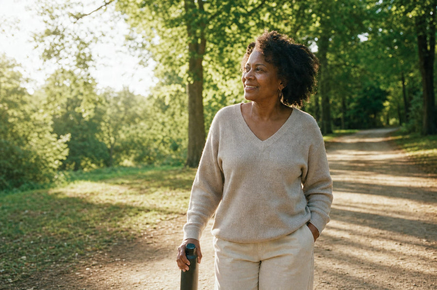 A woman in her early fifties walks along a sun-dappled tree-lined path on a calm morning