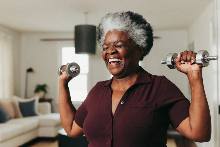 Woman in her sixties lifting dumbbells at home, where creatine for postmenopausal women showed its clearest gains