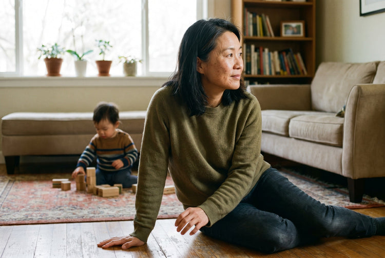 A woman in her late forties rising from the floor after sitting and playing with a young grandchild, in soft window light.