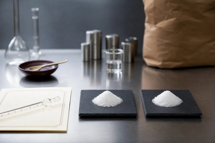 Two mounds of white creatine powder on slate tiles on a laboratory bench, one beside a certificate of analysis and one beside an unmarked shipping sack, illustrating German creatine vs Chinese creatine