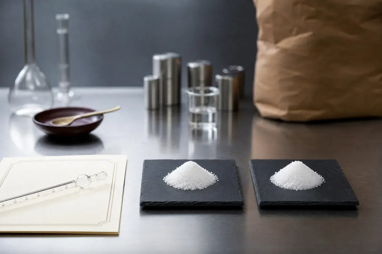 Two mounds of white creatine powder on slate tiles on a laboratory bench, one beside a certificate of analysis and one beside an unmarked shipping sack, illustrating German creatine vs Chinese creatine