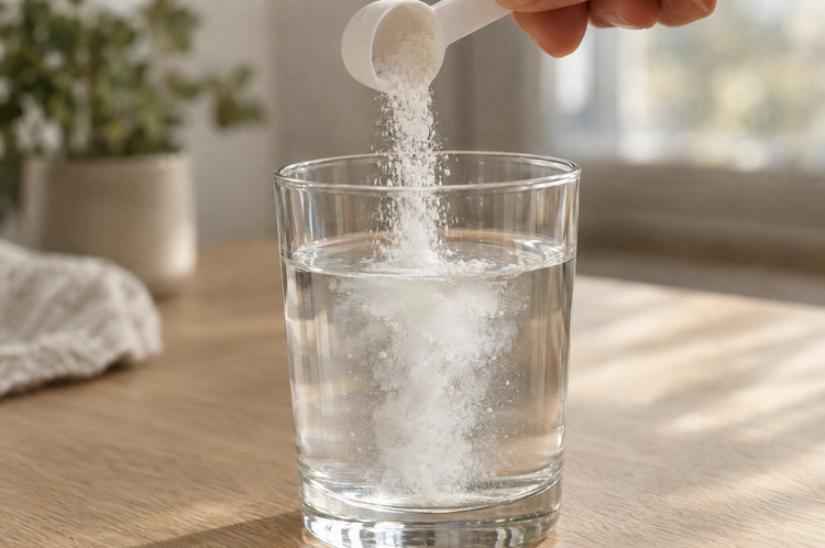 A white measuring scoop tipping fine white powder into a clear glass of water on a wooden kitchen table