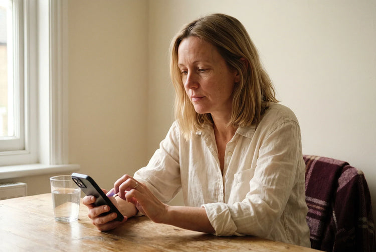 A woman in her forties at a kitchen table in morning light, typing a short note into her phone, a glass of water beside her