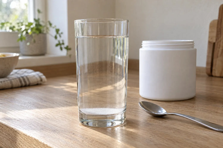 A glass of water with a thin layer of fine creatine crystals settled at the bottom beside a spoon and an unlabelled tub, the starting point for how to test creatine purity at home