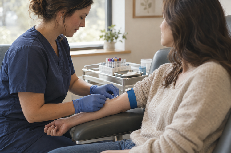 A phlebotomist in scrubs and blue gloves preparing a woman's arm for a routine blood draw, a tray of collection tubes beside them