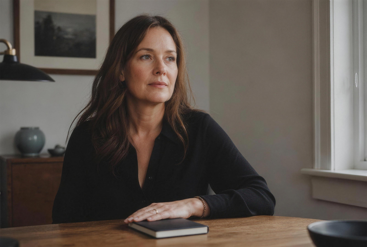Woman in midlife sitting at a table, hand resting on a closed notebook, looking away mid-thought