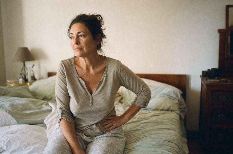 Woman in midlife sitting on the edge of her bed in early morning light, one hand resting on her hip