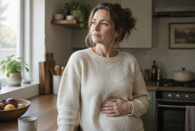 A woman in her forties standing in her kitchen in morning light, one hand resting on her stomach, looking towards the window