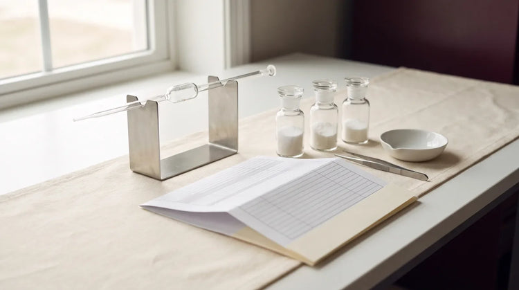 Third party tested creatine monohydrate: lab bench with pipette, sample vials and a printed analysis report.