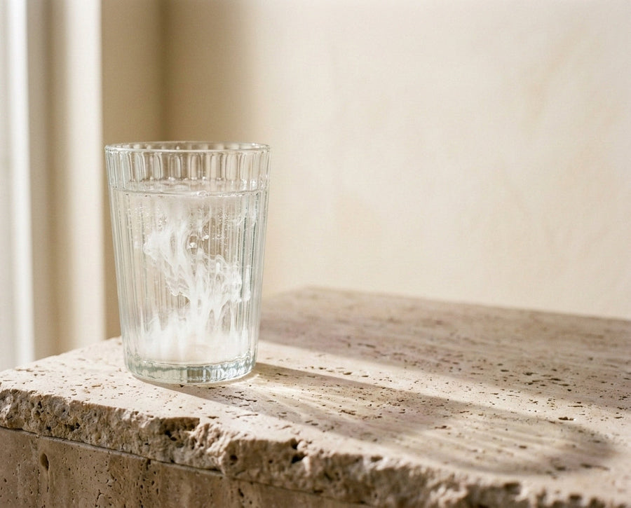 Ribbed glass and travertine still life for the collagen evidence review