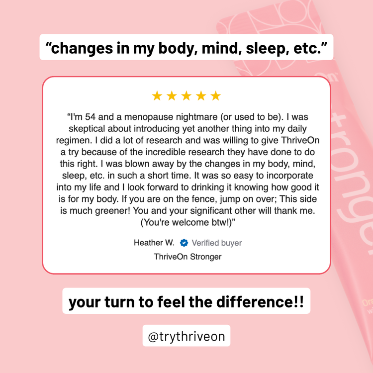 Product review on a pink background with text about menopause symptoms and a product called 'ThriveOn Stronger'.