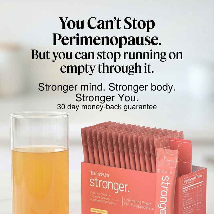 Supplement packets with a glass of juice on a white background, featuring text about managing perimenopause.