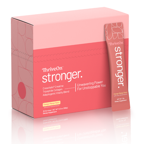 Box of ThriveOn Stronger supplement with a pink design on a white background