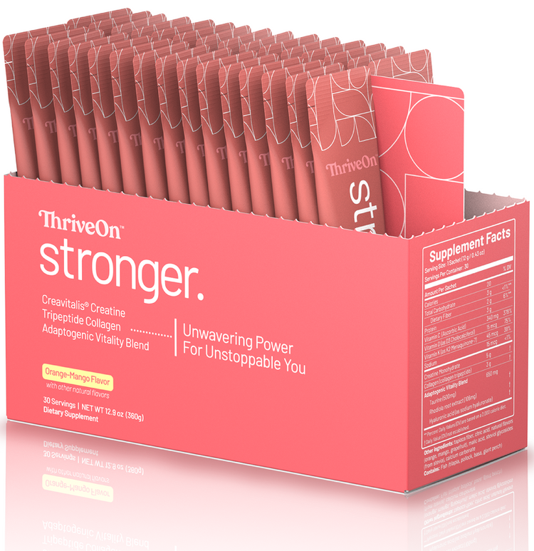 Box of ThriveOn Stronger supplement packets on a white background