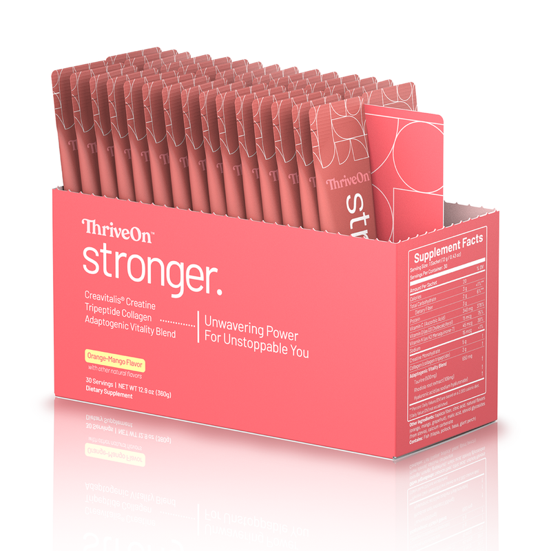 Box of ThriveOn Stronger supplement packets on a white background