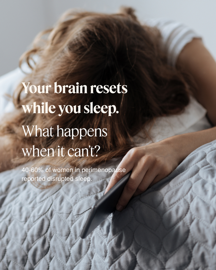 Person lying in bed with text about sleep disturbances during perimenopause.
