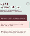 Educational ThriveOn graphic explaining that not all creatine is equal, highlighting Creavitalis creatine made in Germany, greater than 99.9% purity, independent testing for heavy metals, purity and potency, and smooth mixing with no grit.