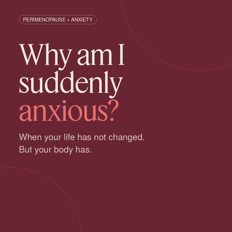 Text about perimenopause and anxiety on a red background. Why am I suddenly anxious?