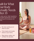 ThriveOn Stronger lifestyle graphic featuring a woman in a calm wellness setting with Stronger product, explaining that one daily sachet with eight ingredients is formulated for women navigating perimenopause and beyond, supporting energy, mental clarity, stress resilience, strength, mobility and confidence.