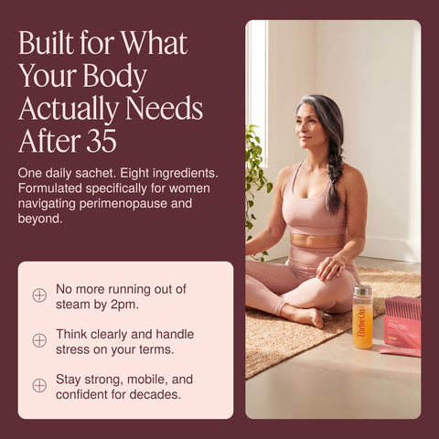 ThriveOn Stronger lifestyle graphic featuring a woman in a calm wellness setting with Stronger product, explaining that one daily sachet with eight ingredients is formulated for women navigating perimenopause and beyond, supporting energy, mental clarity, stress resilience, strength, mobility and confidence.