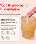 ThriveOn Stronger usage graphic showing a sachet being poured into a glass drink, explaining that each sachet is precisely pre-measured with no scooping or guessing, and can be mixed daily with water, juice, protein shakes, smoothies or electrolytes.