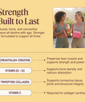 ThriveOn Stronger educational graphic titled Strength Built to Last, showing two active midlife women with Stronger product and explaining how Creavitalis creatine, vitamins D3 and K2, tripeptide collagen, and vitamin C support muscle, bone, connective tissue, joints and collagen synthesis.
