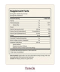 ThriveOn Stronger supplement facts label showing serving size, calories, carbohydrates, fiber, protein, vitamins C, D and K, sodium, Creavitalis creatine monohydrate, marine collagen with tripeptides, taurine, rhodiola root extract and hyaluronic acid.