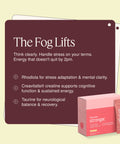 ThriveOn Stronger graphic titled The Fog Lifts, highlighting support for mental clarity, stress adaptation, sustained energy, neurological balance and recovery, with the Stronger box and sachet shown.