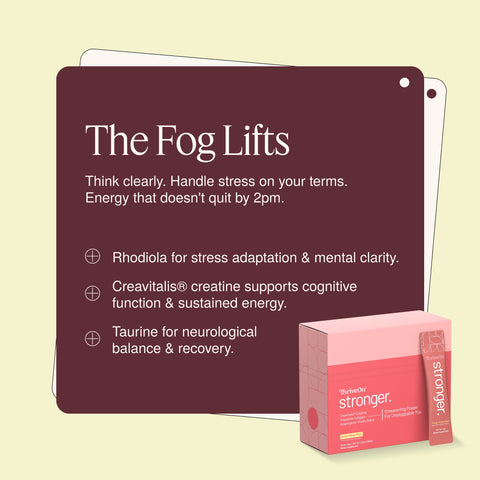 ThriveOn Stronger graphic titled The Fog Lifts, highlighting support for mental clarity, stress adaptation, sustained energy, neurological balance and recovery, with the Stronger box and sachet shown.