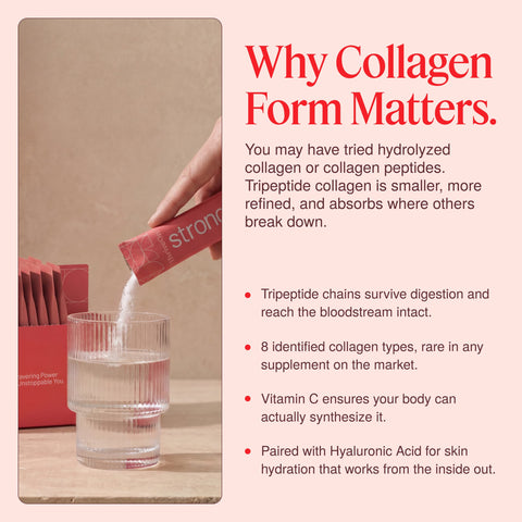 ThriveOn Stronger collagen education graphic showing a sachet being poured into water, explaining why tripeptide collagen form matters, with support from vitamin C and hyaluronic acid for collagen synthesis and skin hydration.