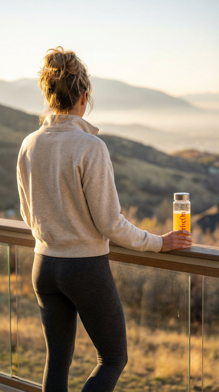 Woman starting her day with ThriveOn Stronger creatine and collagen drink overlooking mountain sunrise