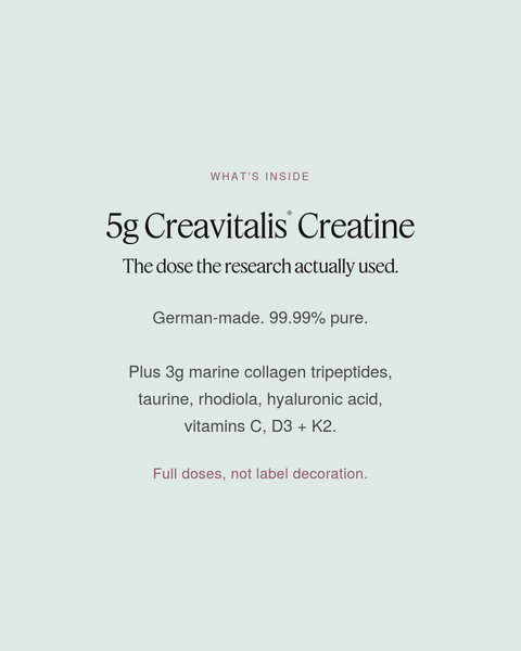 ThriveOn Stronger ingredients: 5g Creavitalis creatine (German-made, 99.99% pure), 3g marine collagen tripeptides, taurine, rhodiola, hyaluronic acid, vitamins C, D3 and K2. Full clinical doses.