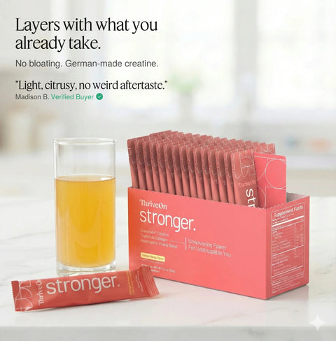 ThriveOn Stronger open box with sachets and mixed orange-mango drink on kitchen counter. Layers with what you already take. No bloating. German-made creatine. Customer review from Madison B., Verified Buyer: Light, citrusy, no weird aftertaste.